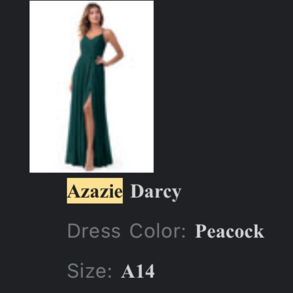 Azazie Darcy in color Peacock size 14
